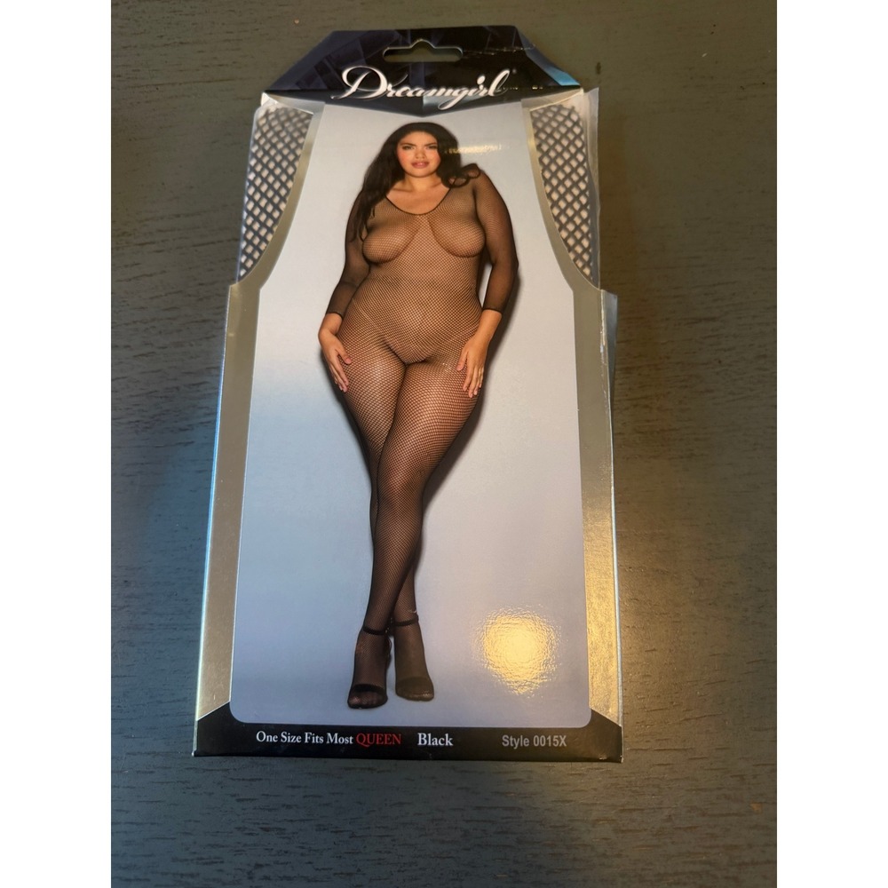 Dreamgirl Black Long Sleeve Fishnet Bodystocking Open Crotch Queen Size 0015X